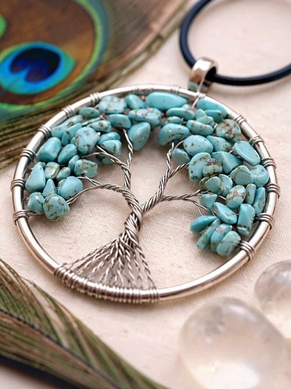 Tree of Life Pendant Necklace Wire Wrapped Turquoise Stone Boho Western 1.95"